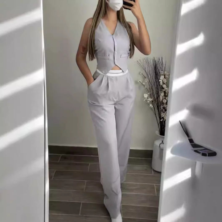 Damen elegantes Hochwasser-Hosenanzug-Set mit tailliertem Oberteil Drune