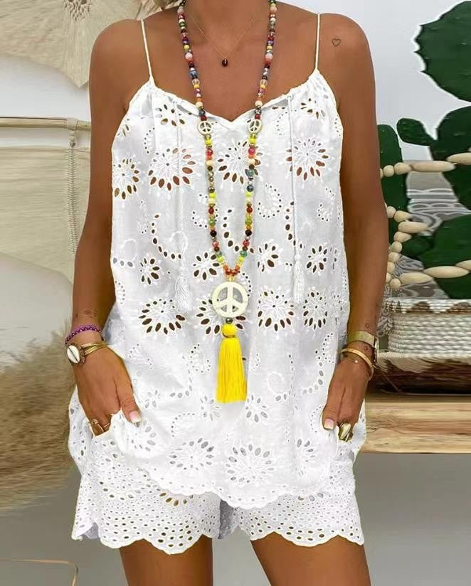 Damen luftiges Sommeroberteil mit Spitze und passenden Shorts Drune
