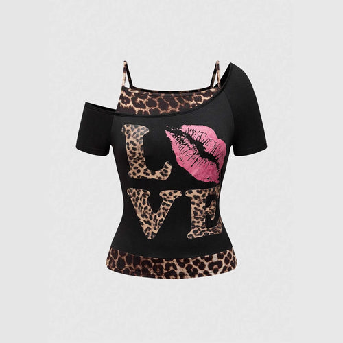 Damen Off-Shoulder Top mit Leopardenmuster und auffälligem Grafikdesign Drune