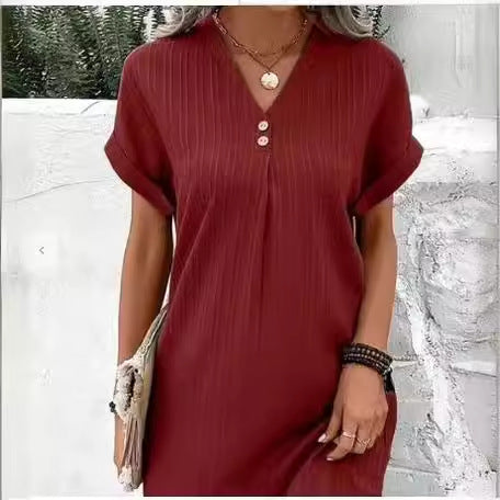 Damen Kurzarm Kleid mit Knopfleiste und feinem Längsstreifenmuster Drune
