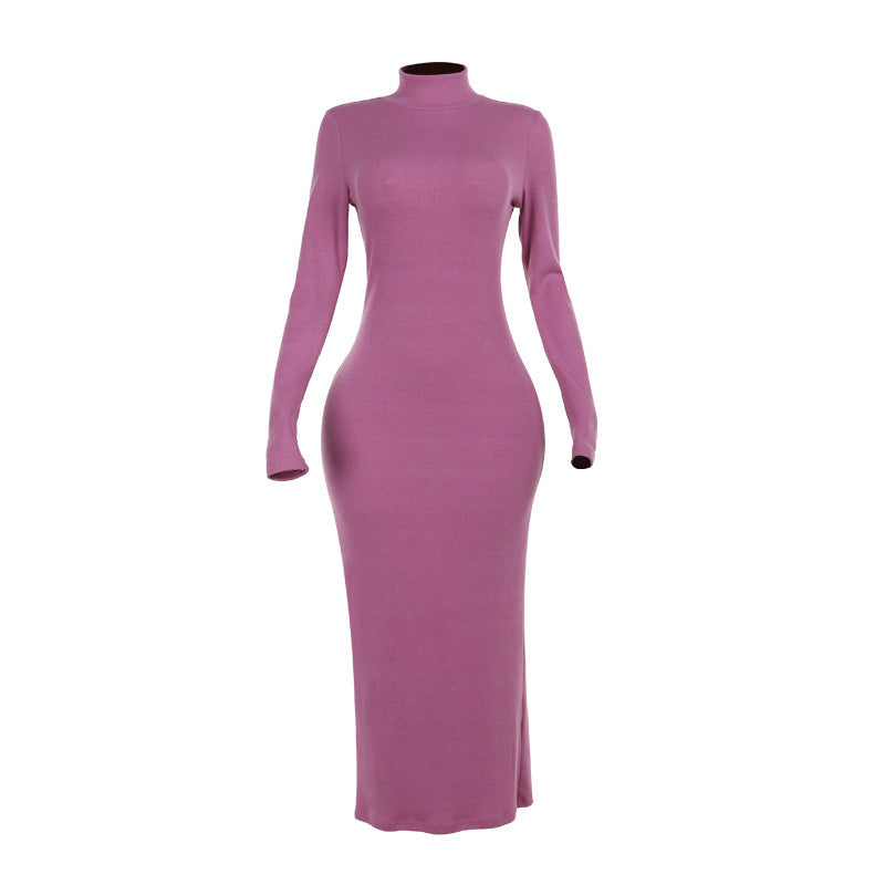 Damen Langarm Maxikleid mit elegantem Stehkragen und figurbetontem Schnitt Drune