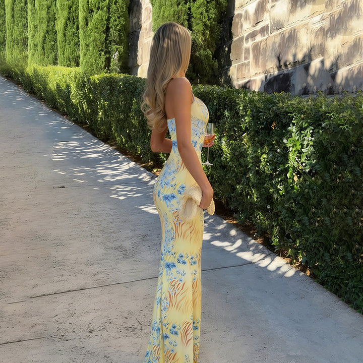 Damen figurbetontes Maxikleid mit floralem Muster und sexy Schlitz Drune