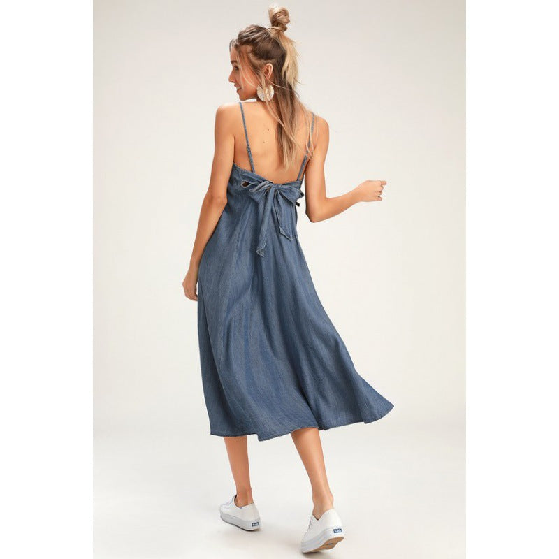 Damen lässiges Midi-Kleid mit Knopfleiste und Spagettiträgern Drune