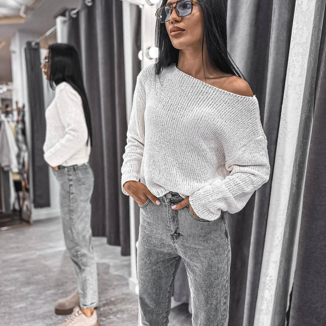Damen lässiger Strickpullover mit off-shoulder Design und komfortablem Schnitt Drune