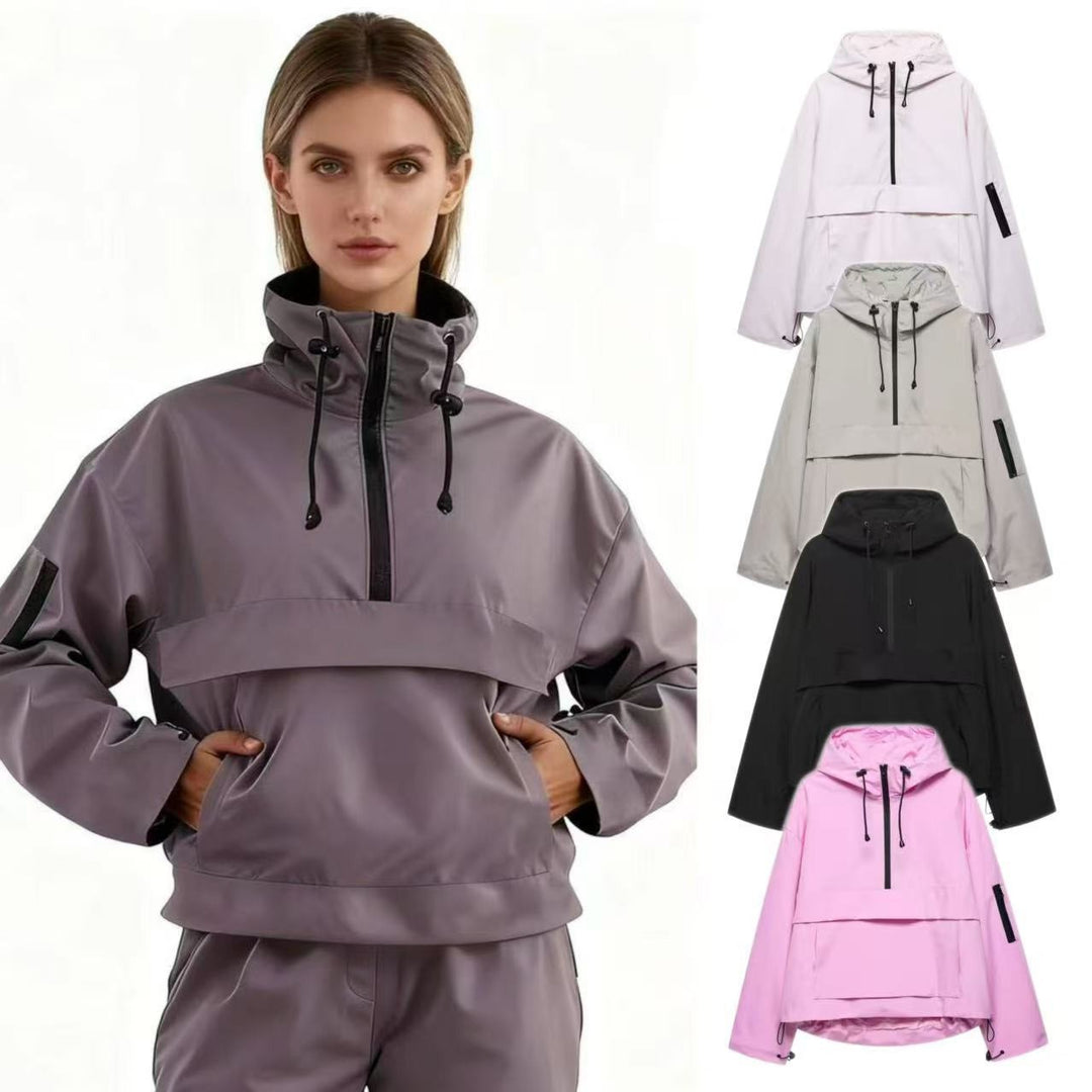 Damen nan winddichter Oversize Anorak mit Halbzip, Kängurutasche und verstellbarer Kapuze Drune