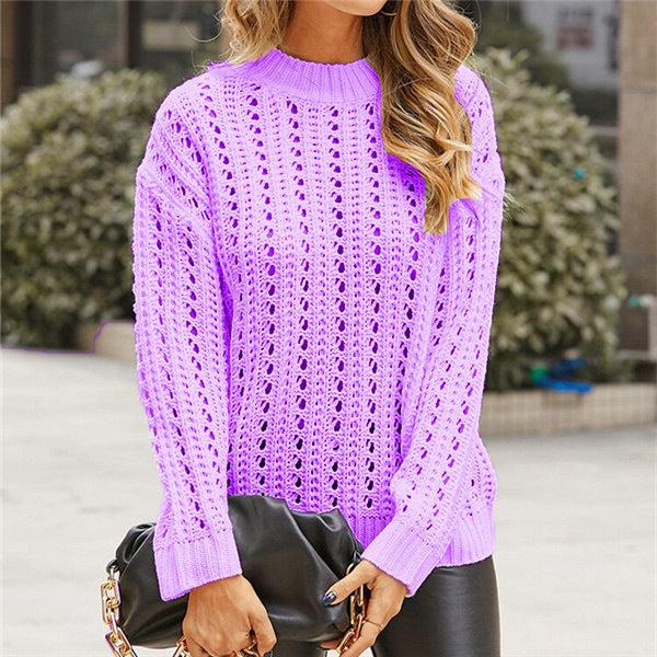Damen luftiger Strickpullover mit Lochmuster und modernem Stehkragen Drune