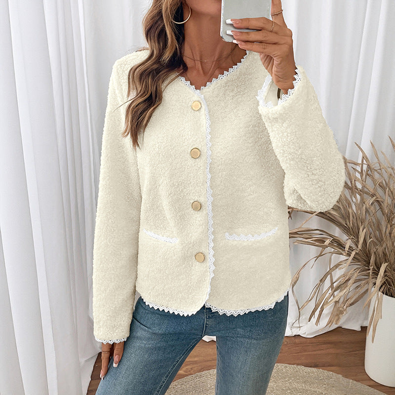 Damen weiche Teddyjacke mit Spitzenverzierung Drune