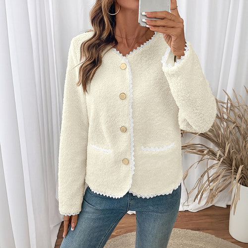 Damen weiche Teddyjacke mit Spitzenverzierung Drune