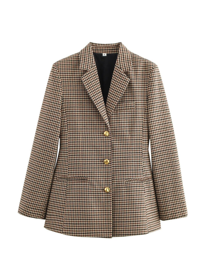 Damen karierten Blazer mit goldenen Knöpfen und praktischen Taschen Drune