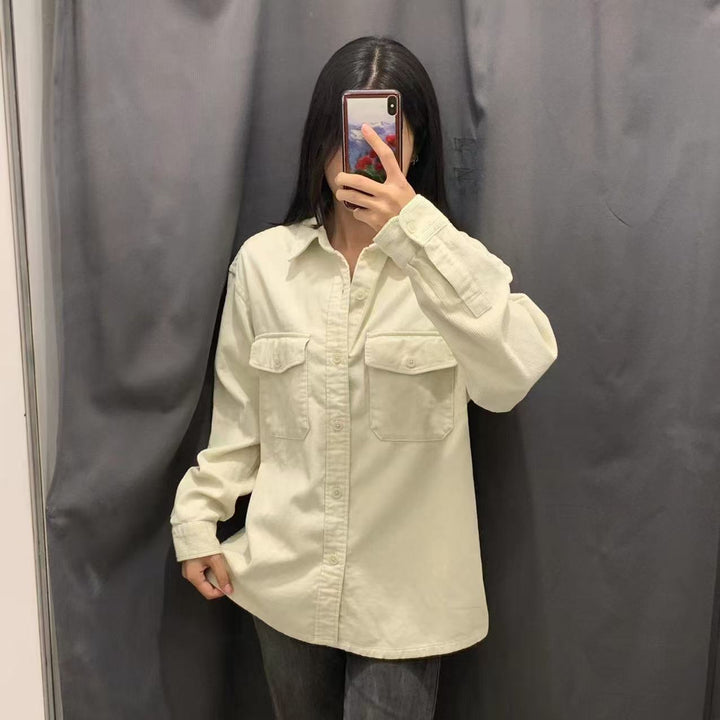 Damen lässige Kordjacke mit praktischen Brusttaschen Drune