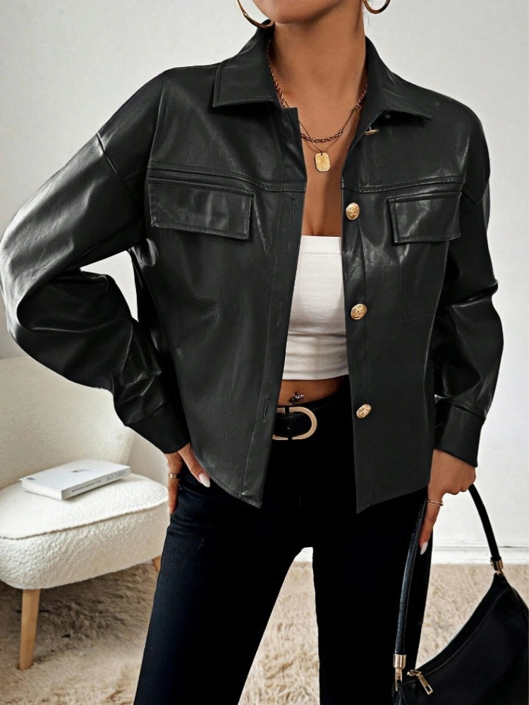 Damen Modische Kunstlederjacke im Oversized-Stil Drune