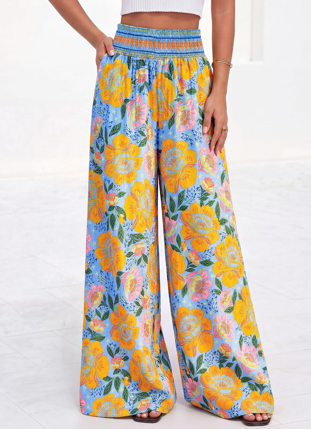 Damen luftige Palazzo-Hose mit floralen Mustern und elastischem Bund Drune