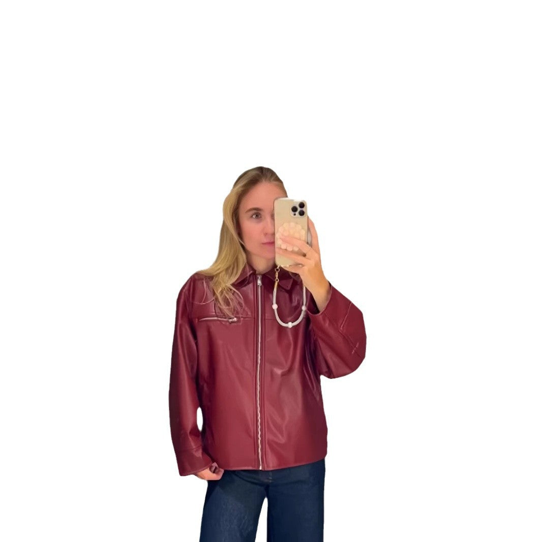 Damen modische lässige Lederjacke mit asymmetrischen Reißverschlüssen Drune