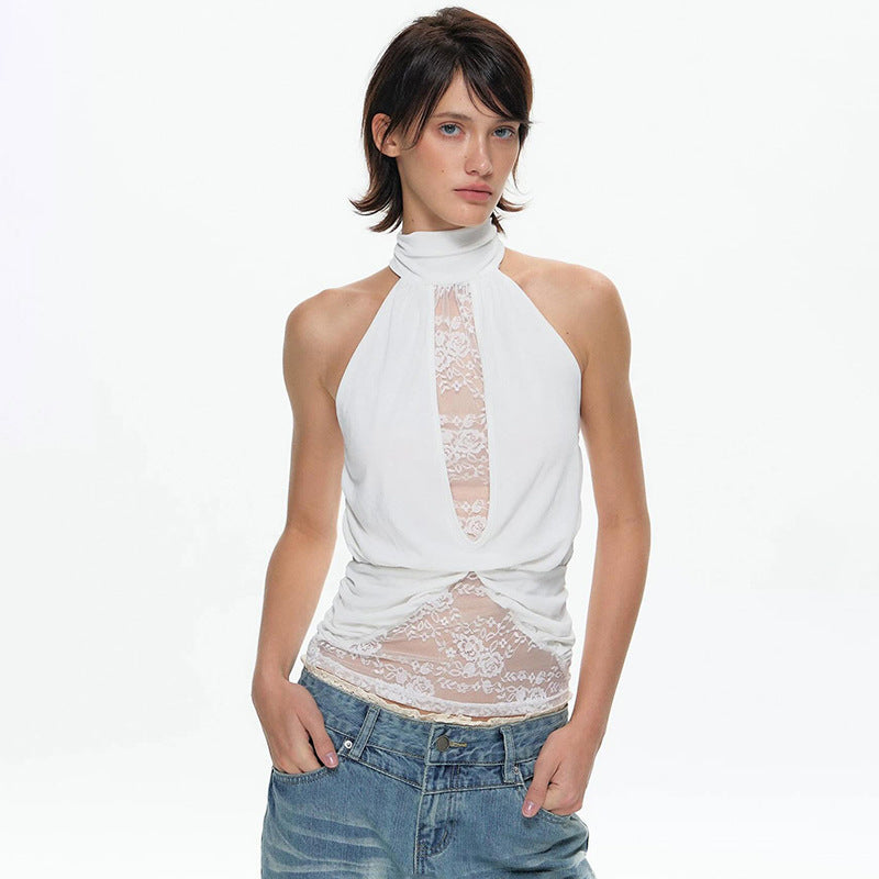 Damen elegantes Neckholder-Top mit transparenten Einsätzen und Raffung Drune