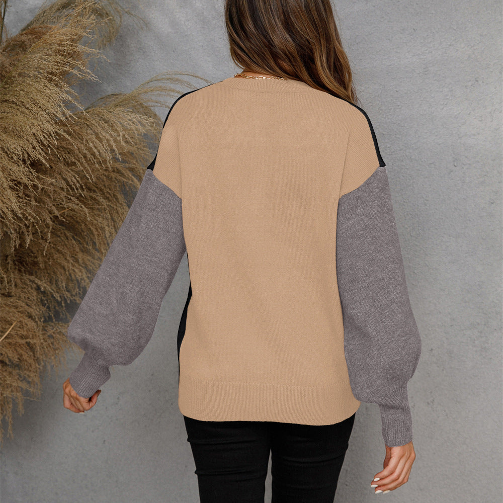 Damen lässiger Pullover mit Knopfleiste und kontrastierenden Ärmeln Drune