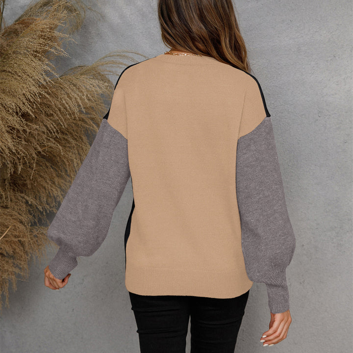 Damen lässiger Pullover mit Knopfleiste und kontrastierenden Ärmeln Drune