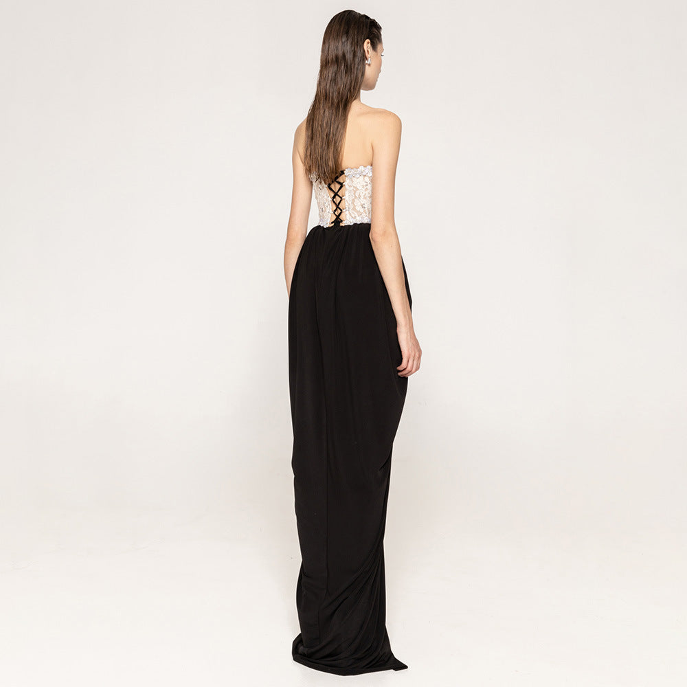 Damen elegantes Abendkleid mit schimmerndem Spitzenoberteil und Drapierungsdetails Drune