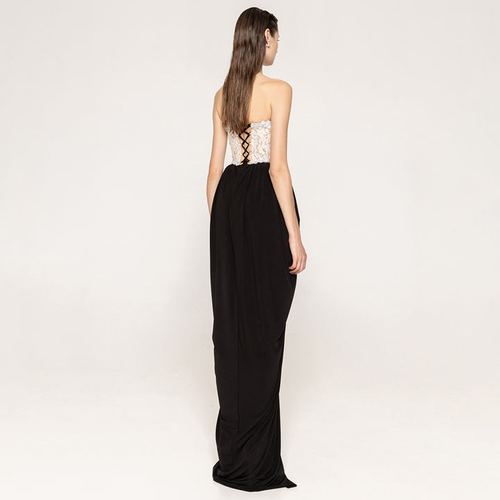 Damen elegantes Abendkleid mit schimmerndem Spitzenoberteil und Drapierungsdetails Drune
