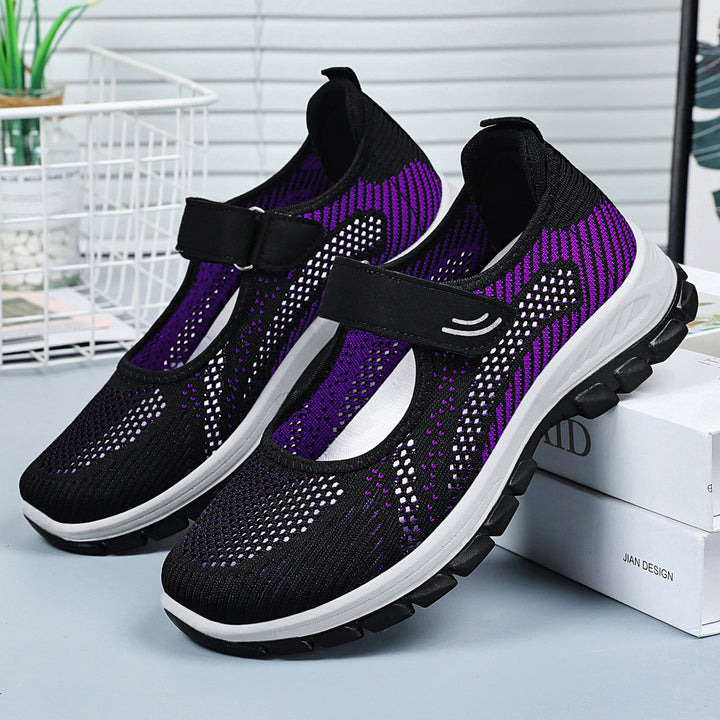 Damen nan atmungsaktive Strick-Mary-Jane-Sneaker mit Klettverschluss, perforiertem Obermaterial und stoßdämpfender EVA-Zwischensohle Drune