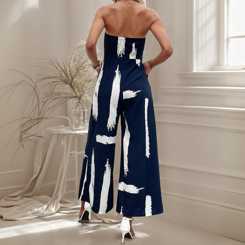 Damen schulterfreier Jumpsuit mit weitem Bein und modischem Bindegürtel Drune