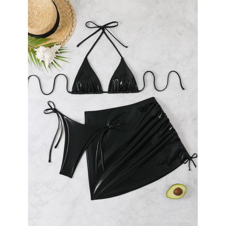 Damen glänzendes Bikini-Set mit verstellbaren Trägern und Wickelrock Drune
