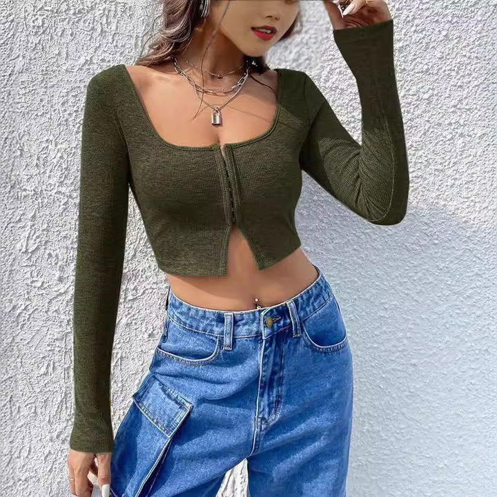 Damen Cropped Oberteil mit Reißverschluss und langem Arm Drune