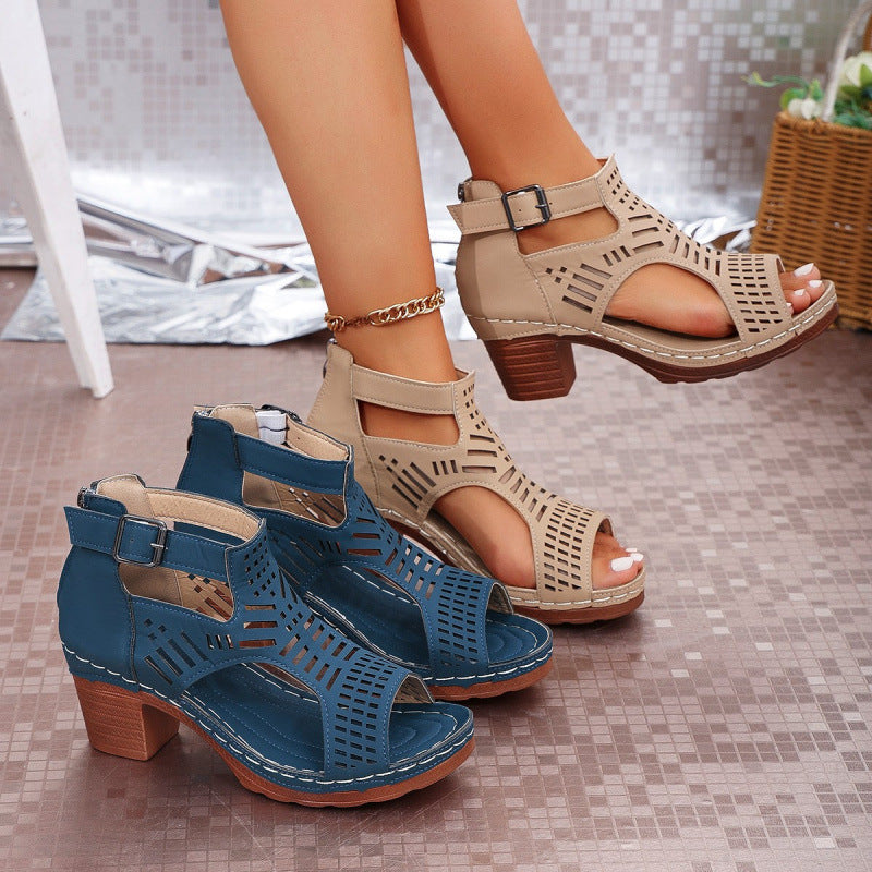 Damen trendige Sandalen mit durchbrochenem Design und Holz-Elementen Drune