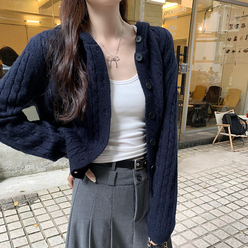 Damen gestrickte Cardiganjacke mit Kapuze und Zopfmuster Drune