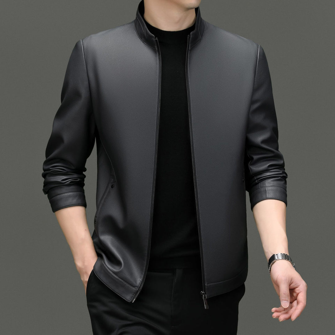Herren moderne Kunstlederjacke mit hohem Stehkragen und praktischen Reißverschlusstaschen Drune
