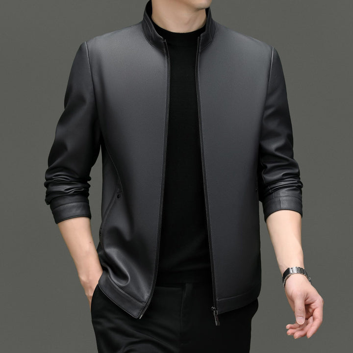 Herren moderne Kunstlederjacke mit hohem Stehkragen und praktischen Reißverschlusstaschen Drune
