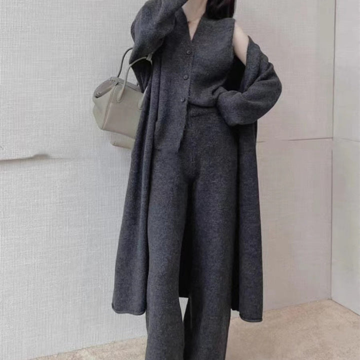 Damen elegantes Strickensemble mit Longcardigan und weiten Hosen Drune