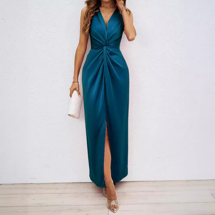 Damen Elegantes Maxikleid mit tiefem V-Ausschnitt und schwingendem Saum Drune