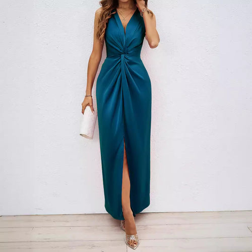 Damen Elegantes Maxikleid mit tiefem V-Ausschnitt und schwingendem Saum Drune