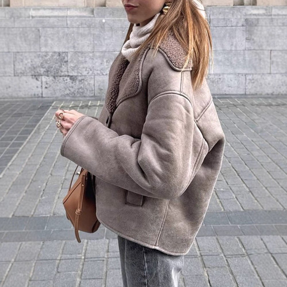 Damen Oversized Kunstlederjacke mit strukturiertem Futter und lässigem Schnitt Drune