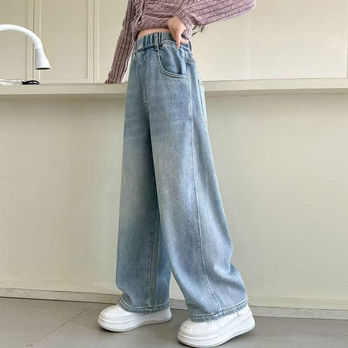 Damen weite Denim-Hose mit hoch tailliertem Schnitt Drune