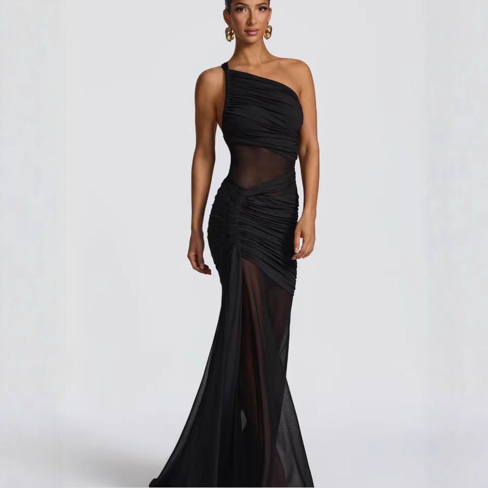 Damen elegantes asymmetrisches Abendkleid mit raffinierten Rüschendetails Drune
