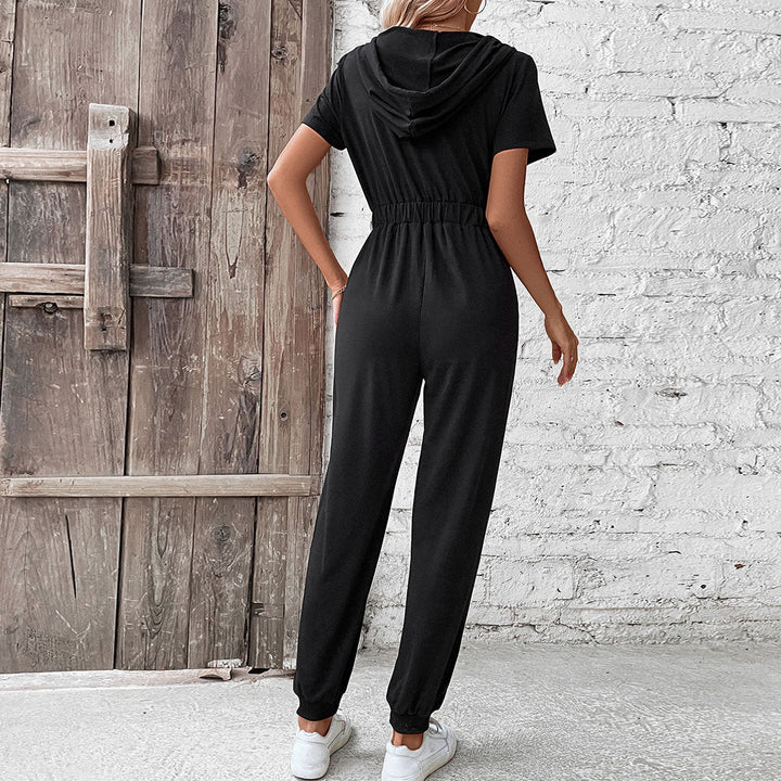 Damen moderner Kurzarm-Jumpsuit mit praktischen Taschen und Kapuze Drune
