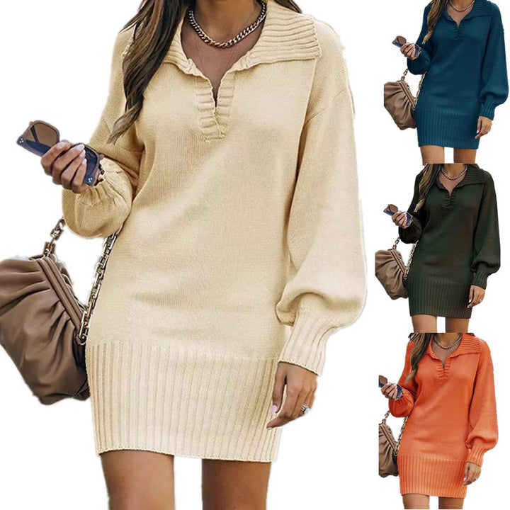 Damen nan schulterfreies Strickminikleid mit weitem V-Ausschnitt und Rippbund Drune