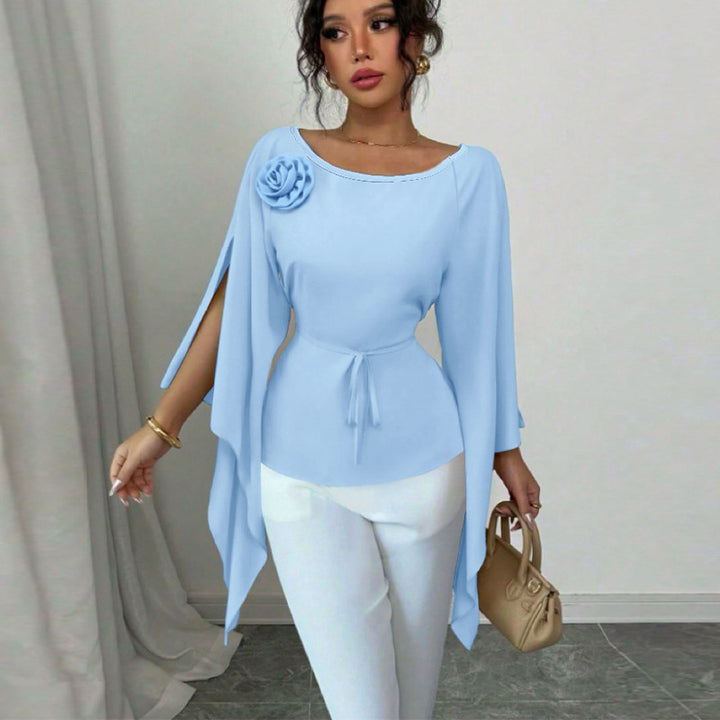 Damen elegantes Oberteil mit Abknöpfbarem Blumenapplikation und Flügelärmel Drune