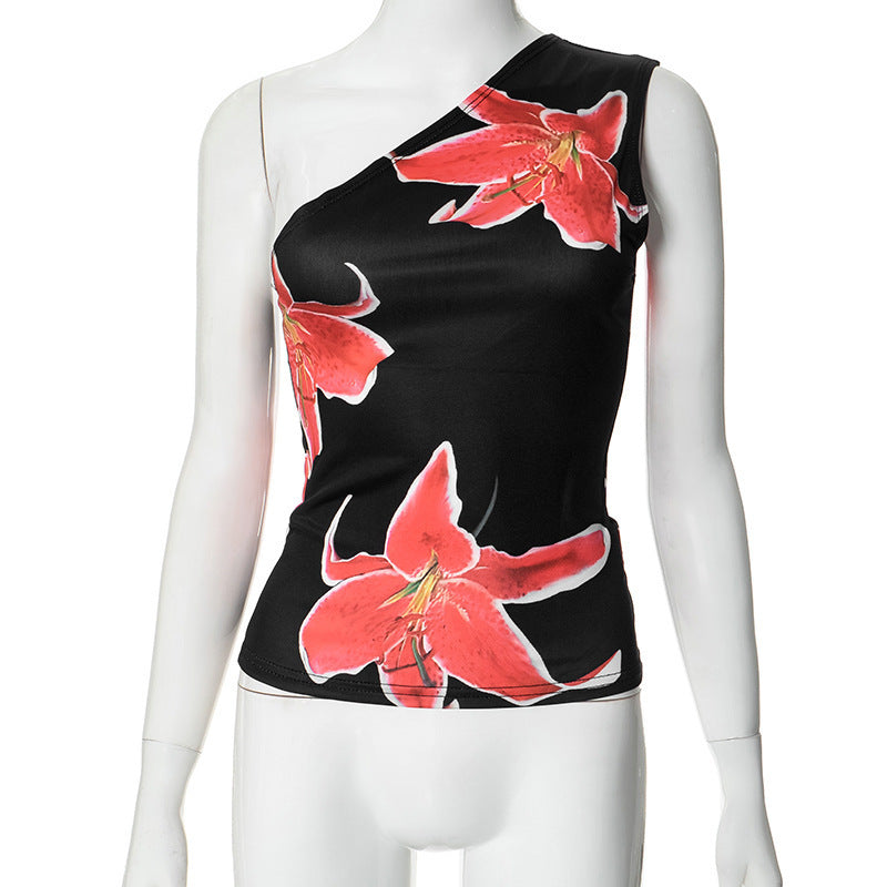 Damen asymmetrisches Trägershirt mit floraler Druckgestaltung Drune