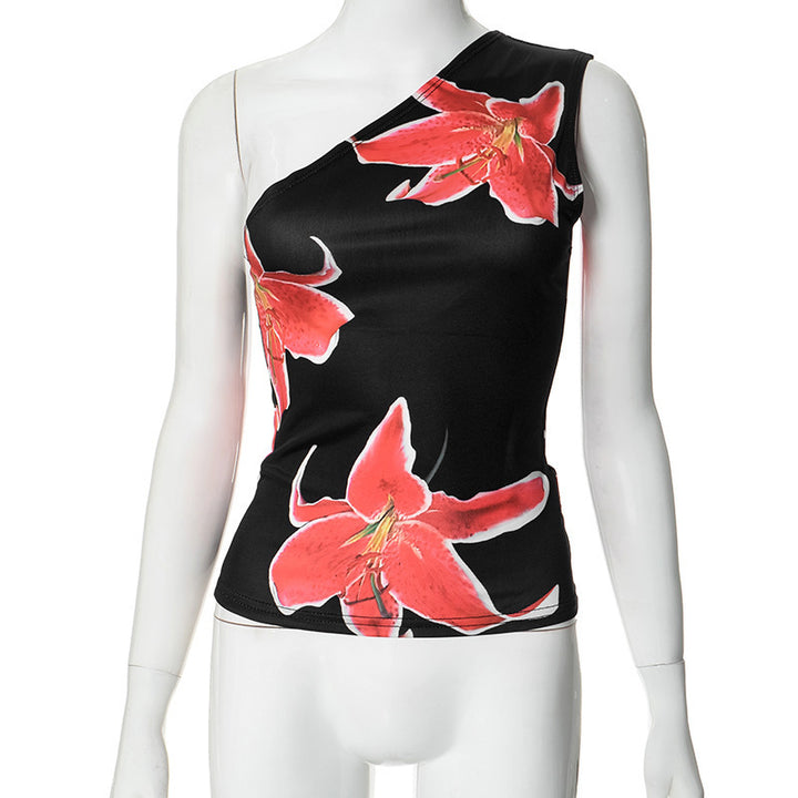 Damen asymmetrisches Trägershirt mit floraler Druckgestaltung Drune