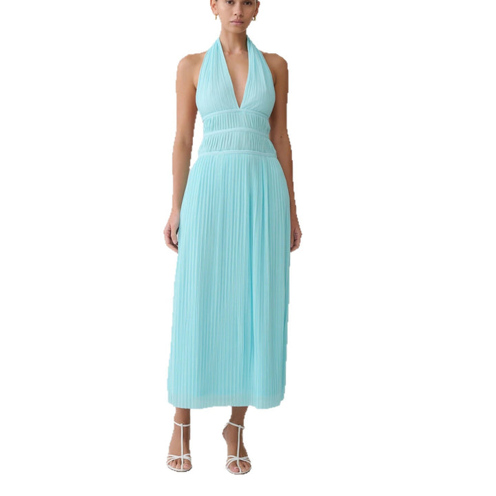 Damen Fließendes Maxikleid mit tiefem V-Ausschnitt und Plisseedetails Drune