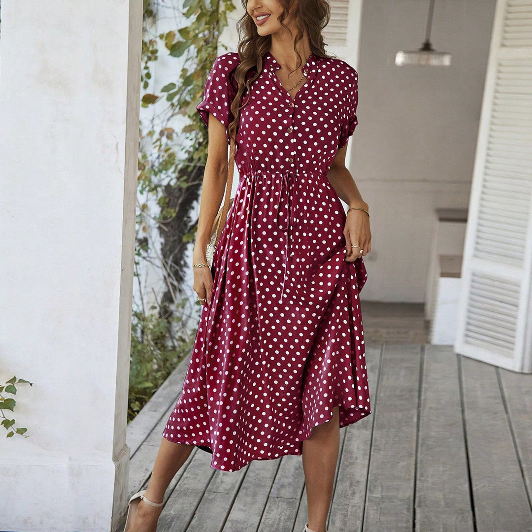Damen Elegantes Hemdblusenkleid mit tailliertem Design und Polka-Dots Drune