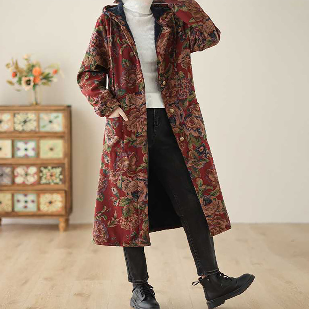 Drune | Langer Mantel im Vintage-Stil mit Blumendruck