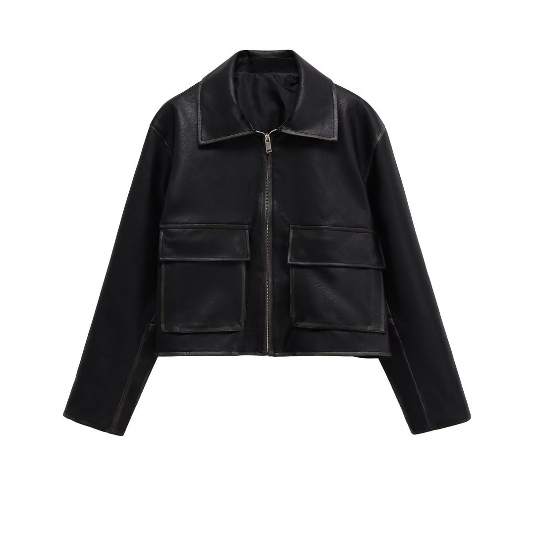 Damen Kurzgeschnittene Lederjacke mit Taschen Drune