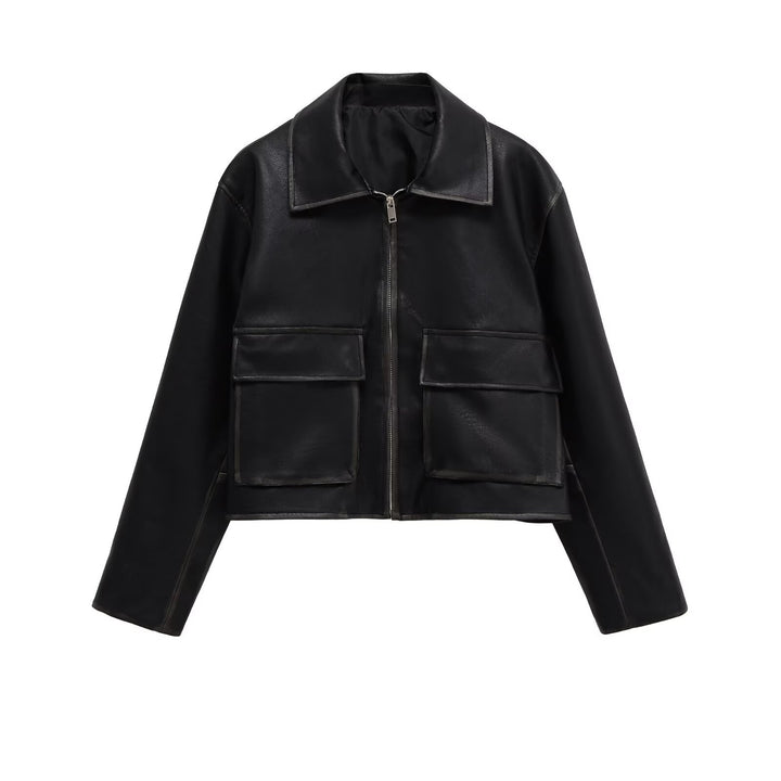 Damen Kurzgeschnittene Lederjacke mit Taschen Drune