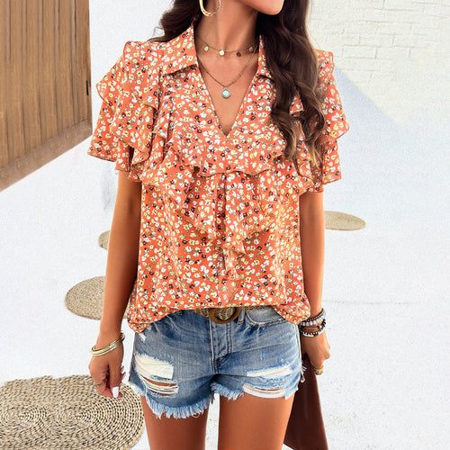 Damen Bluse mit voluminösen Rüschen und floralen Mustern Drune