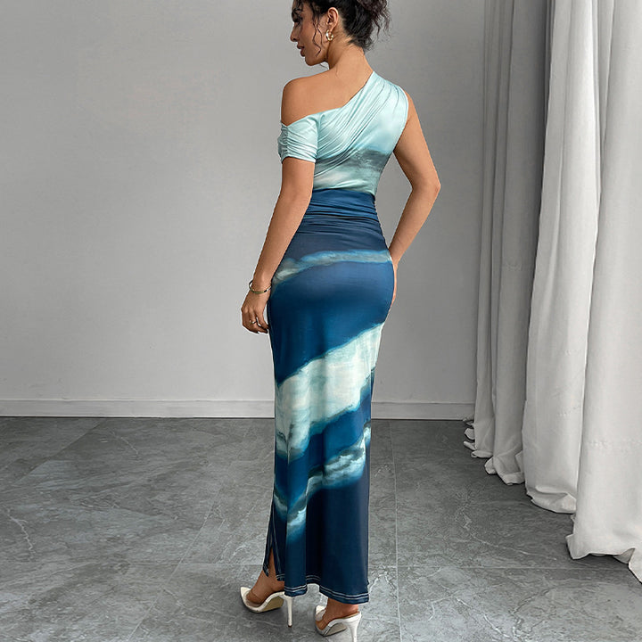 Damen Elegantes Maxikleid mit asymmetrischem Schulterdesign und hohem Schlitz Drune