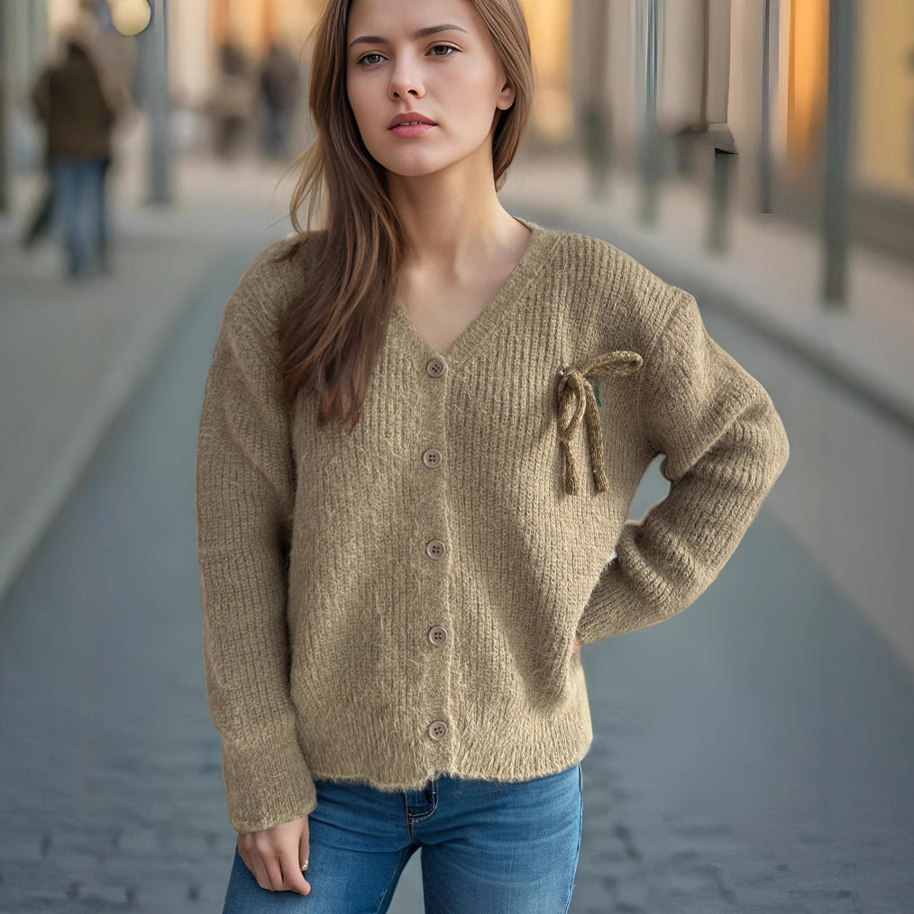 Damen gemütlicher Strickcardigan mit feiner Struktur und dekorativen Knopfdetails Drune