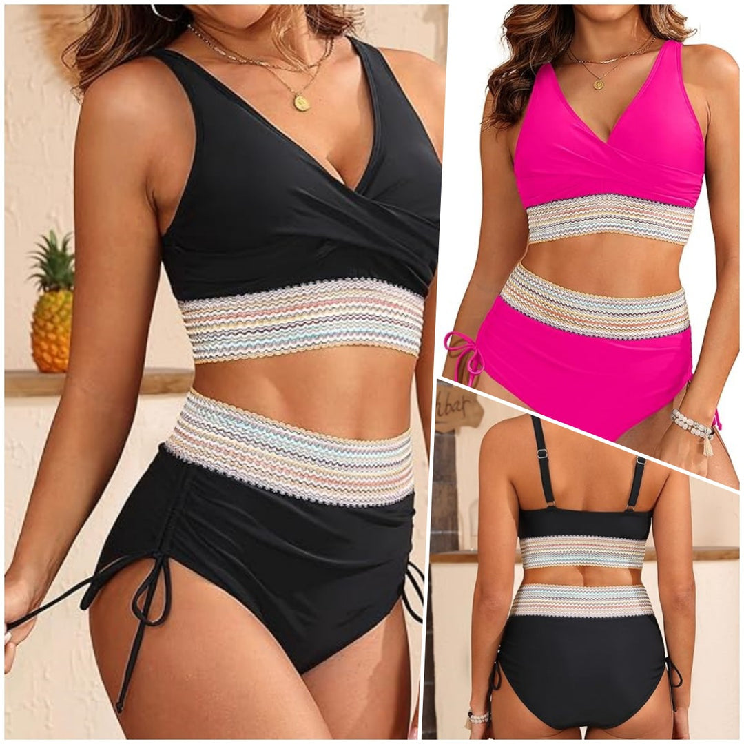 Damen Hochgeschnittener Bikini mit eleganter Wickeloptik und dekorativem Bund Drune